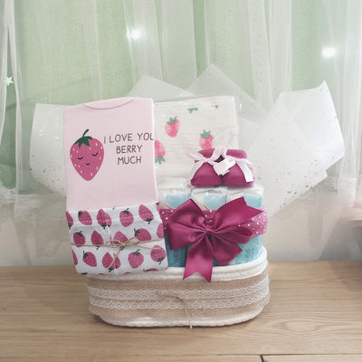 New Born Baby Girl LED Light Diaper Layette Hooded Towel Wet Tissue Strawberry Gift Hamper - Little Kooma