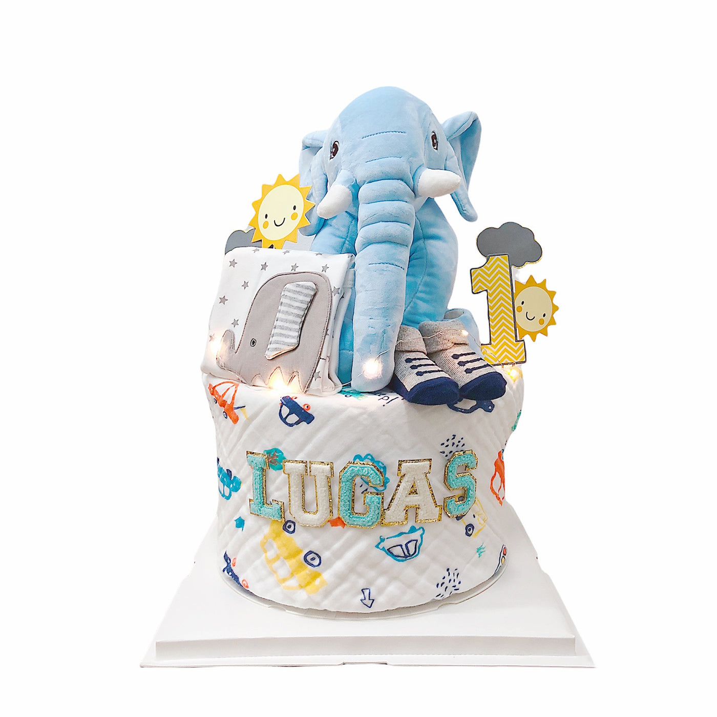 New Born Baby Boy LED Light Diaper Cake Elephant Gift Hamper - Little Kooma