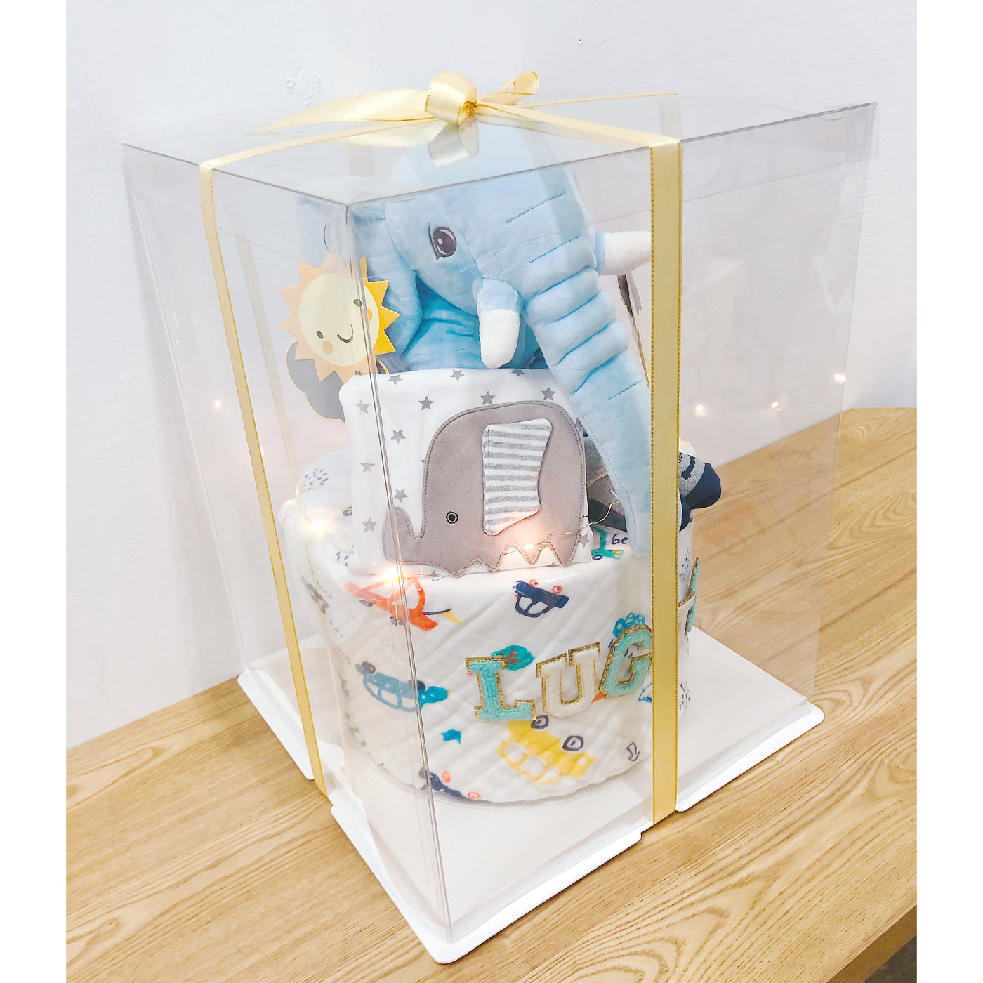New Born Baby Boy LED Light Diaper Cake Elephant Gift Hamper - Little Kooma