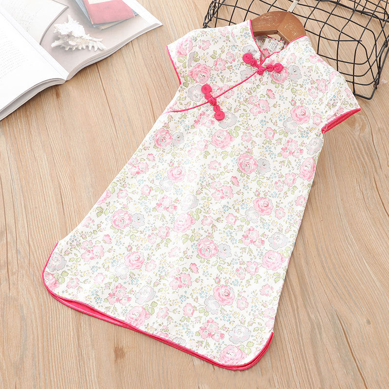 Kids Girls Pink n Grey Flowers Cheongsam Dress Cap Sleeves CNY Chinese New Year Outfit - Little Kooma