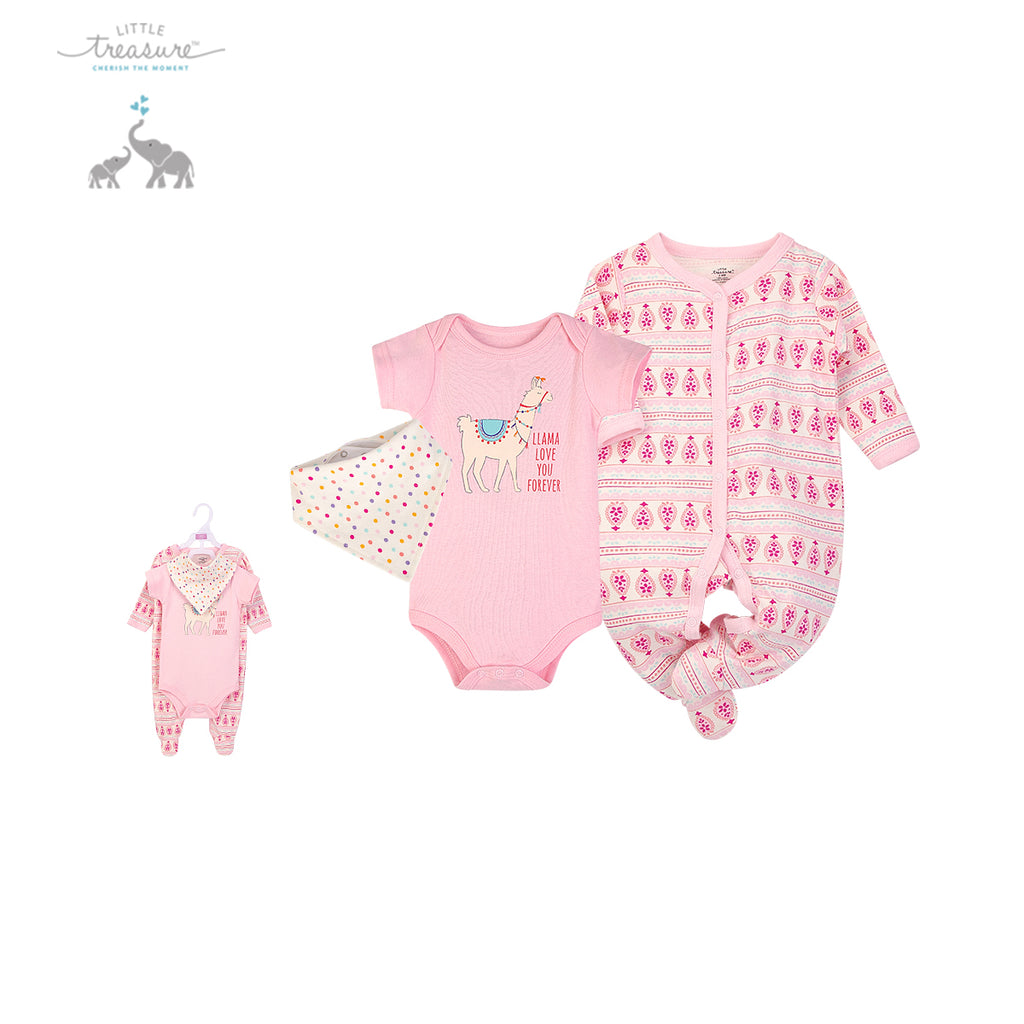 Luvable Friends Baby Bodysuit Sleepsuit Bib 3 Piece Layette Set 72322CH Llama Love - Little Kooma