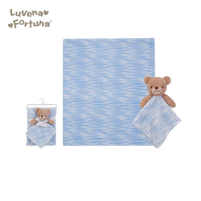 Luvena Fortuna Plush Blanket n Security Blanket Set Blue Stripe Bear S19628 - Little Kooma