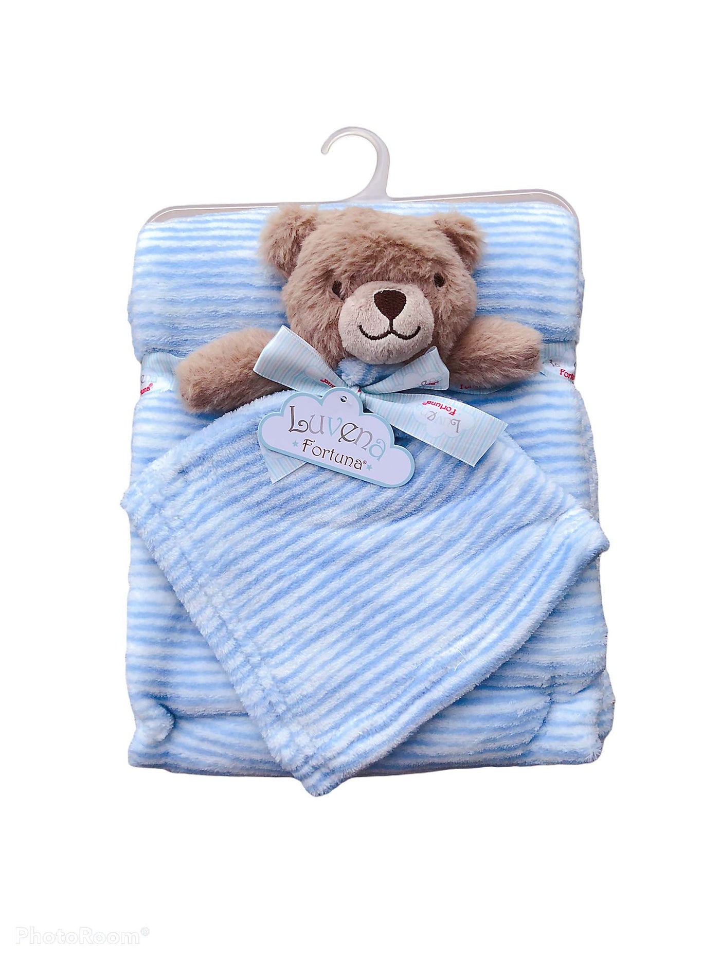 Luvena Fortuna Plush Blanket n Security Blanket Set Blue Stripe Bear S19628 - Little Kooma