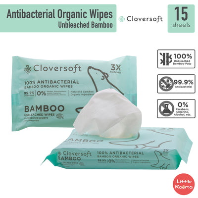 Cloversoft Antibacterial Organic Baby Wipes Made of Unbleached Bamboo - 15 sheets - Little Kooma