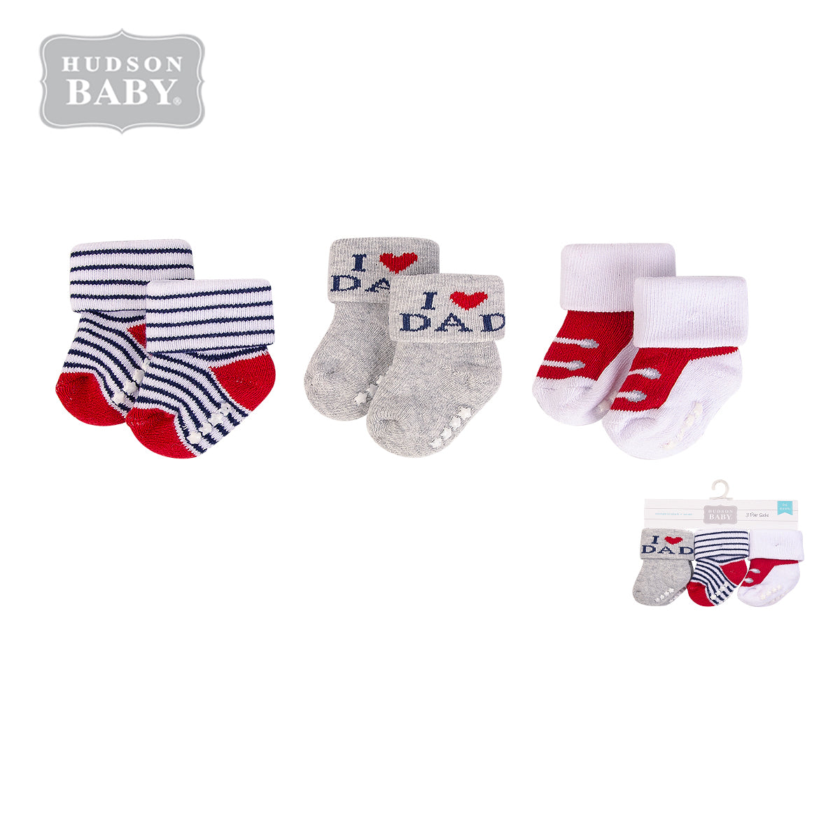 New Born Baby Non-skid Terry Socks 3 Pack 00699CH Dad Boy Navy/Red - Little Kooma