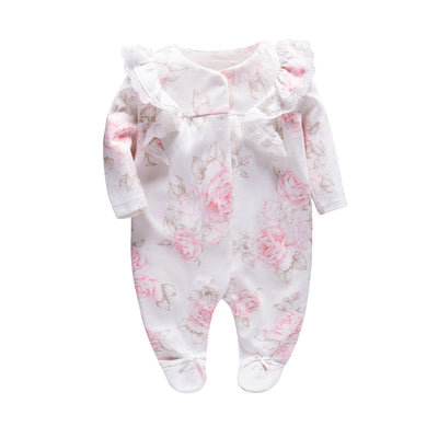 New Born Baby Pink Rose Prints Sleepsuit All In One Feet Covered - 0611 - Little Kooma