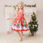 Kids Girls White Puff Sleeves Dress Red Checkers Santa Snowman Santa Sleigh Elk Christmas Outfit w Zip - Little Kooma