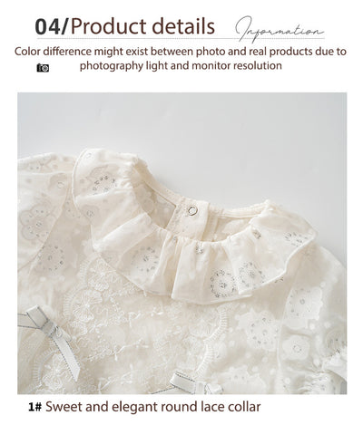 Baby Girl White Lace Puff Sleeves Big Wedding Confirmation Baptism Dress Bodysuit Dress n Headwrap 2pc Set - Little Kooma