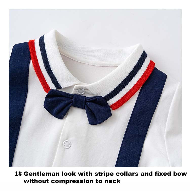 Baby Boy Fake Two Piece Red n Dark Blue Stripe Suspender Suit Romper w Bow - Little Kooma