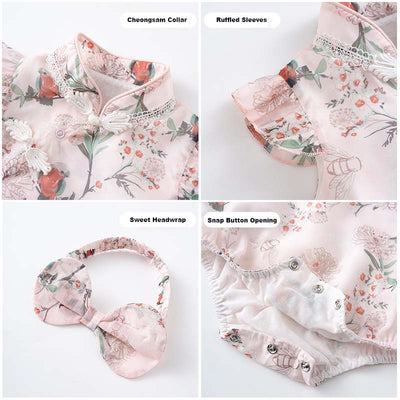Baby Girl Ruffled Sleeves Floral Prints Cheongsam Bodysuit n Headwrap 2pc Set - Little Kooma