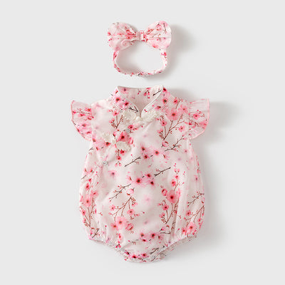 Baby Girl Ruffled Sleeves Pink Plum Flower Prints Voile Cheongsam Bodysuit n Headwrap 2pc Set - Little Kooma