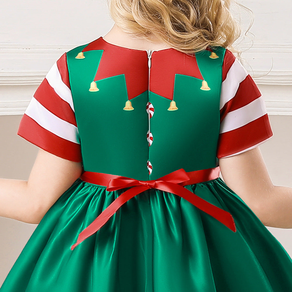 Kids Girls Red Stripe Sleeves Dress Red n Green Big Bowtie Christmas Outfit w Zip - Little Kooma