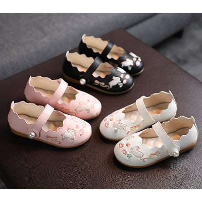 Baby Kids Girl PU Leather Anti-slip Embroidered Bunnies Shoes Magic Tape 662 - Little Kooma