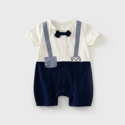 Baby Boy Fake Two Piece Round Neck Pocket Lion Suspender Suit Romper w Bow - Little Kooma