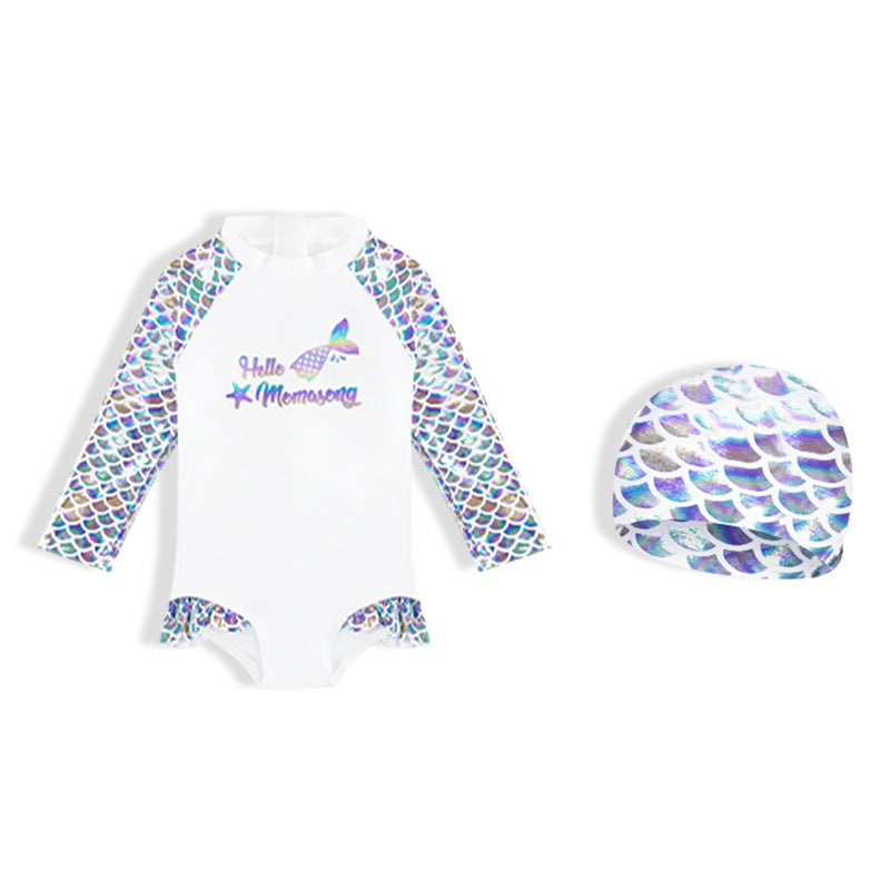 Baby Kids Girl's Mermaid One Piece Long Sleeves Swimming Suit n Free Cap 907060 - Little Kooma