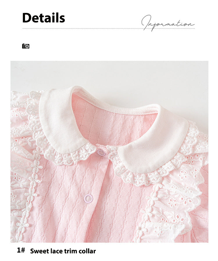 Baby Girl Double Bowtie Lace Trim Collar Puffed Sleeves Romper 21CX040 - Little Kooma