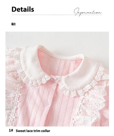 Baby Girl Double Bowtie Lace Trim Collar Puffed Sleeves Romper 21CX040 - Little Kooma