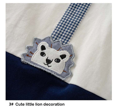 Baby Boy Fake Two Piece Round Neck Pocket Lion Suspender Suit Romper w Bow - Little Kooma