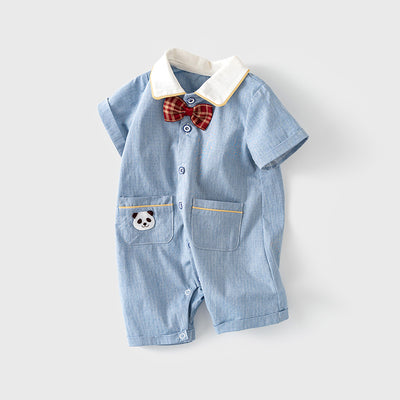 Baby Boy Panda White Collar Light Blue Suit Romper w Red Plaid Bow n Two Pockets - Little Kooma