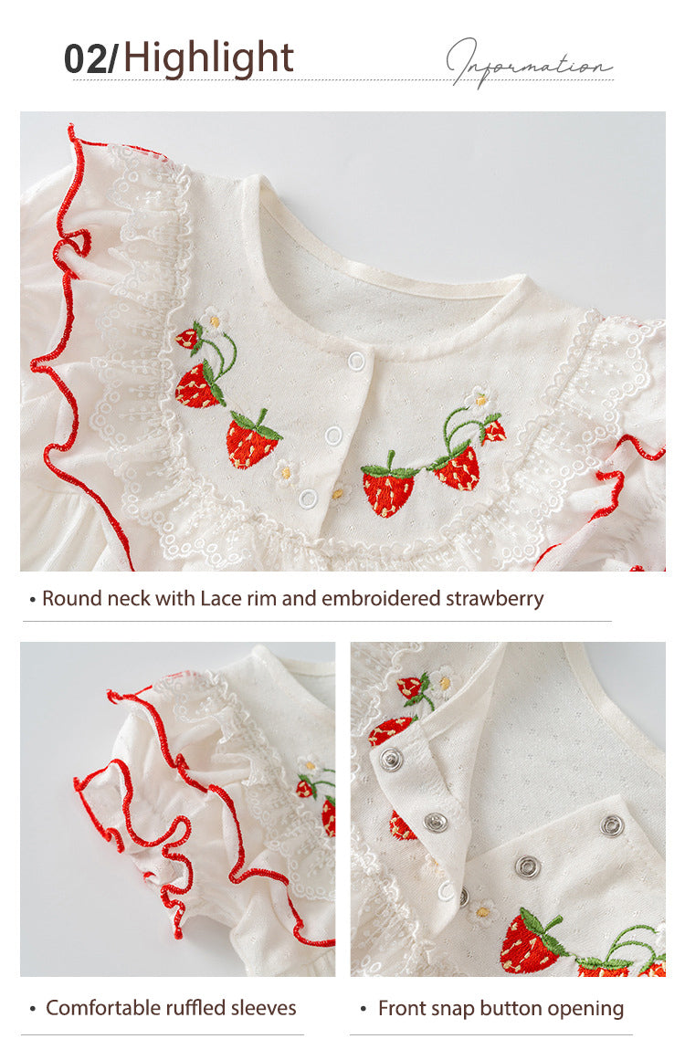 Baby Girl Puff Sleeves Red Embroidered Strawberry Bodysuit Lace Rim - Little Kooma