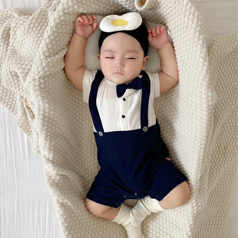Baby Boy Fake Two Piece Suspender Suit Romper w Bow - Little Kooma