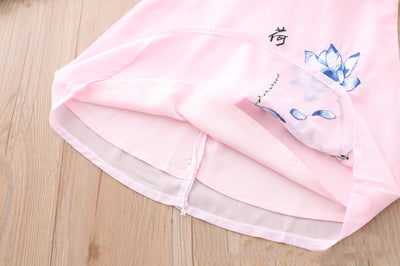 Kids Girls Voile Cheongsam Dress Blue Lotus Flowers Cap Sleeves CNY Chinese New Year Outfit - Little Kooma