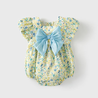 Baby Girl Puff Sleeves Yellow Blue Flower Prints Bodysuit w Blue Bowtie - Little Kooma