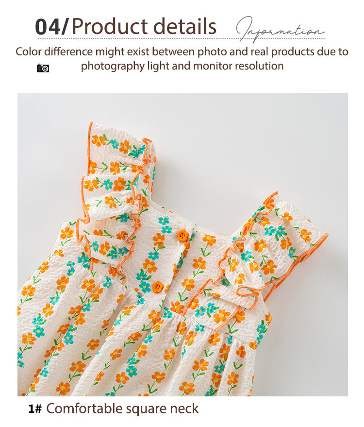 Baby Girl Ruffled Sleeves Orange Flower Prints Bodysuit n Headwrap 2pc Set - Little Kooma