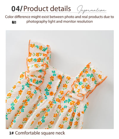 Baby Girl Ruffled Sleeves Orange Flower Prints Bodysuit n Headwrap 2pc Set - Little Kooma