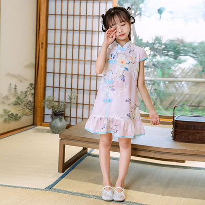 Kids Girls Trumpet Cheongsam Dress Flowers Cap Sleeves CNY Chinese New Year Outfit - Little Kooma