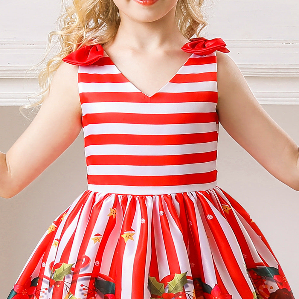 Kids Girls Sleeveless Shoulder Bowtie Red Stripes Penguin Snowman Ginger Bread Man Christmas Outfit w Zip - Little Kooma