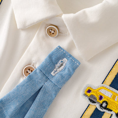 Baby Boy Cartoon Car Fake Two Piece Suspender Suit Romper w Removable Light Blue Tie White Folded Collar - Little Kooma
