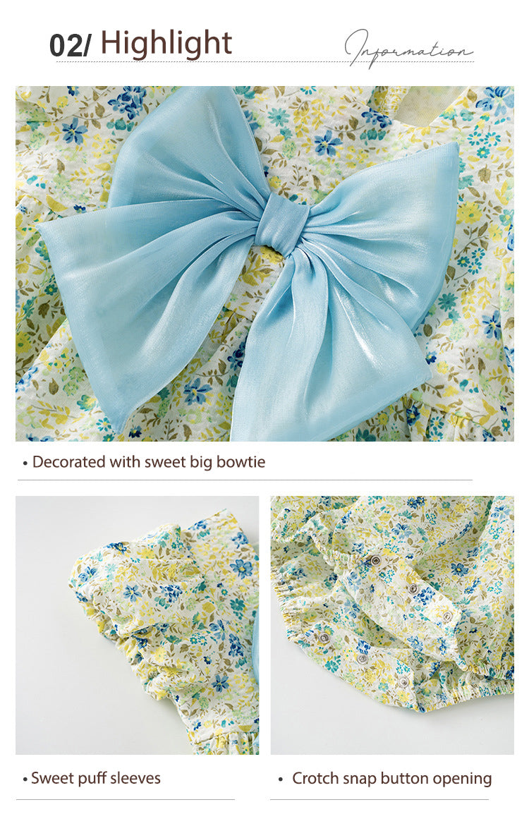 Baby Girl Puff Sleeves Yellow Blue Flower Prints Bodysuit w Blue Bowtie - Little Kooma