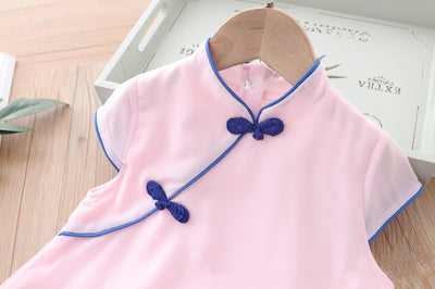 Kids Girls Voile Cheongsam Dress Blue Lotus Flowers Cap Sleeves CNY Chinese New Year Outfit - Little Kooma