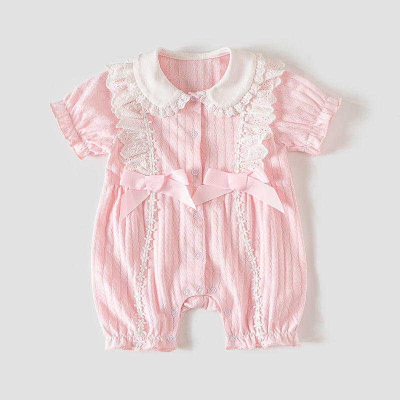 Baby Girl Double Bowtie Lace Trim Collar Puffed Sleeves Romper 21CX040 - Little Kooma