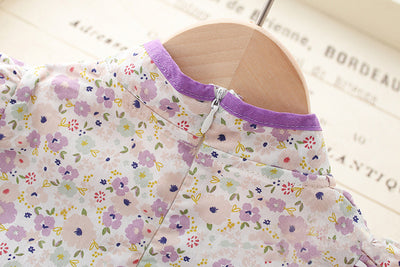 Kids Girls Purple Flowers Trumpet Cheongsam Dress Puff Sleeves CNY Chinese New Year Outfit - Little Kooma