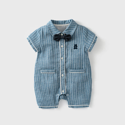 Baby Boy Bear White Stripes Dark Blue Suit Romper w Removable Black Wave Bow Fake Two Pockets - Little Kooma