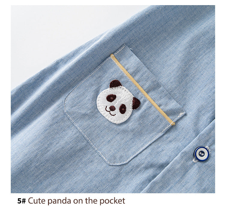 Baby Boy Panda White Collar Light Blue Suit Romper w Red Plaid Bow n Two Pockets - Little Kooma