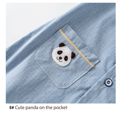 Baby Boy Panda White Collar Light Blue Suit Romper w Red Plaid Bow n Two Pockets - Little Kooma