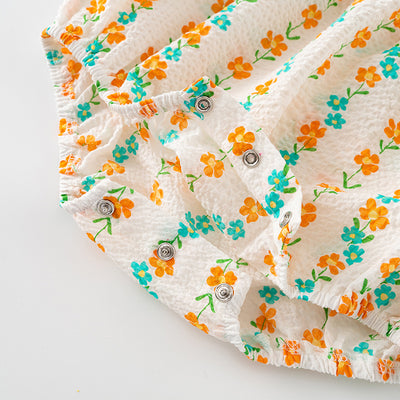 Baby Girl Ruffled Sleeves Orange Flower Prints Bodysuit n Headwrap 2pc Set - Little Kooma