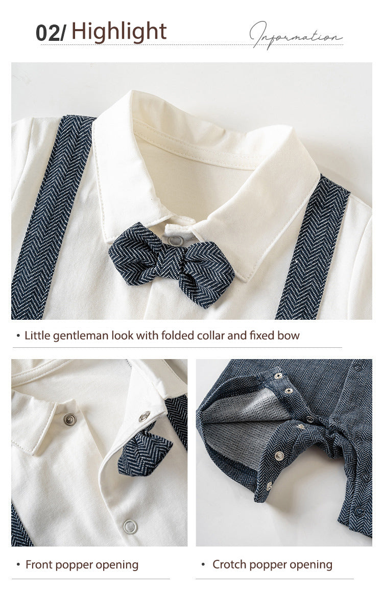 Baby Boy Fake Two Piece Double Pocket Bear Dark Blue Suspender Suit Romper w Bow - Little Kooma
