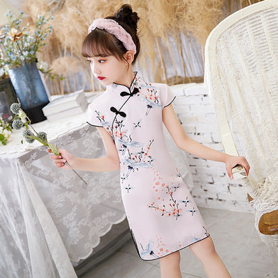 Kids Girls Lotus Flowers Crane Auspicious Clouds Cheongsam Dress Cap Sleeves CNY Chinese New Year Outfit - Little Kooma