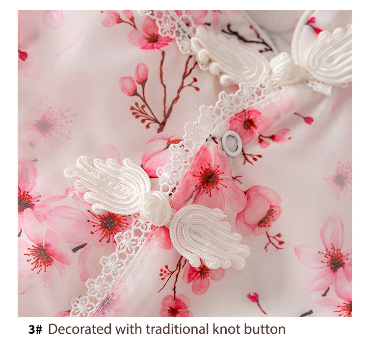 Baby Girl Ruffled Sleeves Pink Plum Flower Prints Voile Cheongsam Bodysuit n Headwrap 2pc Set - Little Kooma