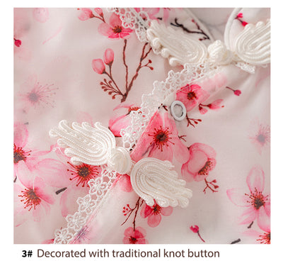 Baby Girl Ruffled Sleeves Pink Plum Flower Prints Voile Cheongsam Bodysuit n Headwrap 2pc Set - Little Kooma