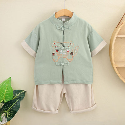 Kids Boys Cheongsam Set Top n Shorts Embroidered Tiger Racial Harmony Day CNY Chinese New Year Outfit - Little Kooma