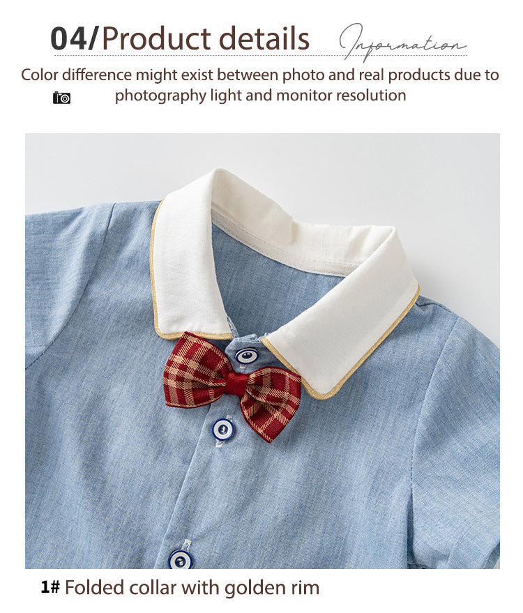Baby Boy Panda White Collar Light Blue Suit Romper w Red Plaid Bow n Two Pockets - Little Kooma