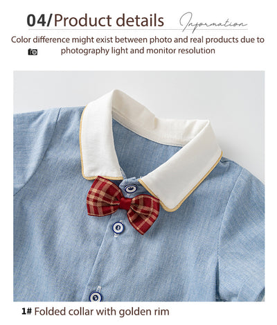 Baby Boy Panda White Collar Light Blue Suit Romper w Red Plaid Bow n Two Pockets - Little Kooma