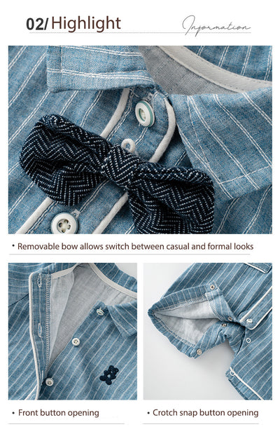 Baby Boy Bear White Stripes Dark Blue Suit Romper w Removable Black Wave Bow Fake Two Pockets - Little Kooma