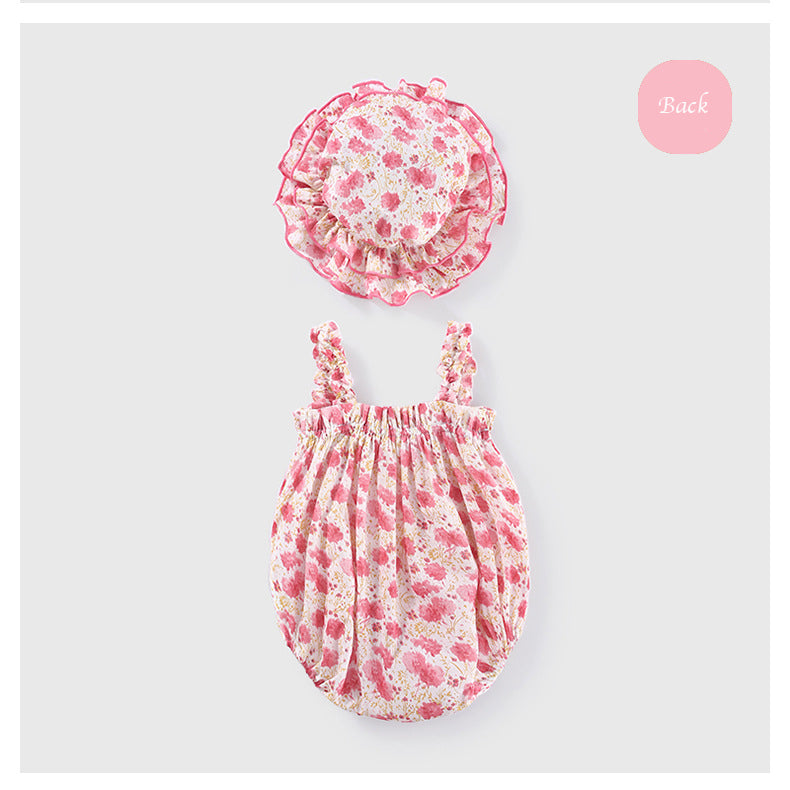 Baby Girl Ruffled Hem Floral Camisole Romper n Hat 2pc Set - Little Kooma