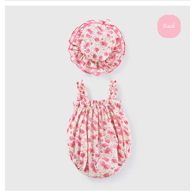 Baby Girl Ruffled Hem Floral Camisole Romper n Hat 2pc Set - Little Kooma
